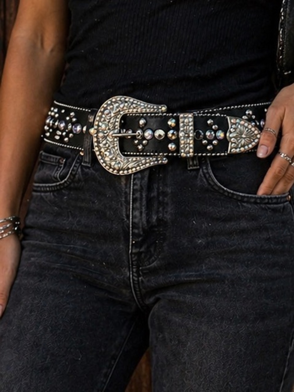B.B. Simon Black Swarovski Crystal Studded Leather Belt Western Rhinestone Y2K